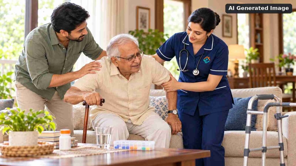 A trained female nurse and a family member helping an elderly Indian man with limited mobility get up from a sofa, illustrating safe mobility assistance and elderly home care services in Kolkata.